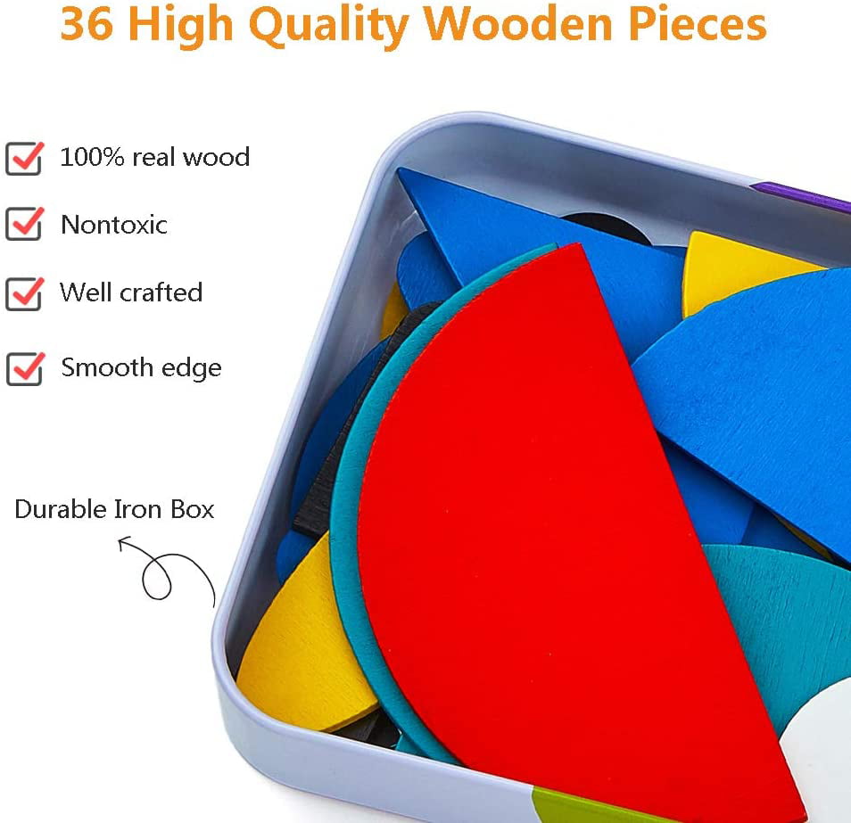 Colorful car Wooden Pattern Blocks Animals Jigsaw Puzzle Sorting and Stacking Games Montessori Educational Toys for Toddlers Kids Boys Girls 36 Shape Pieces& 60 Design Cards in Iron Box 