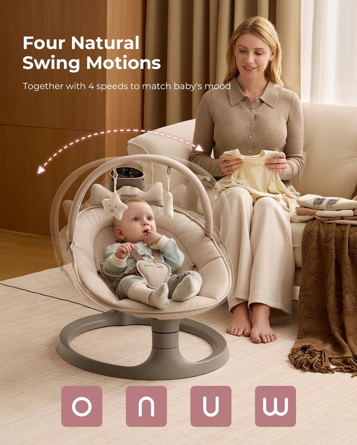 Momcozy 2-in-1 Electric Baby Swing, Dual-Arm Support System & Parent-Inspired Motions, Convertible to Toddler Seat up to 66 lbs, Adjustable Height, Lightweight