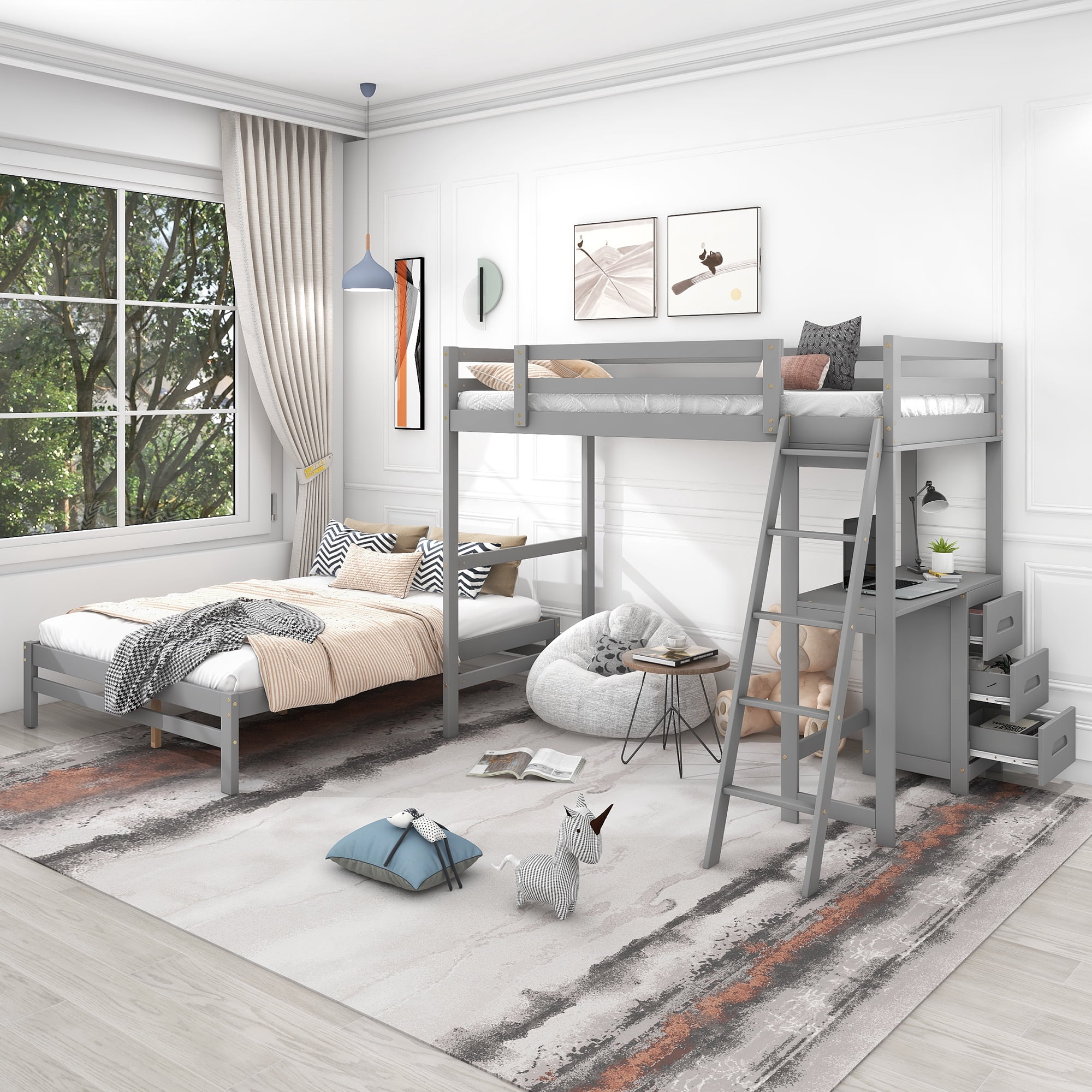EUROCO Twin over Full Bunk Bed with Desk and Drawers for Kids Teens Room, Gray