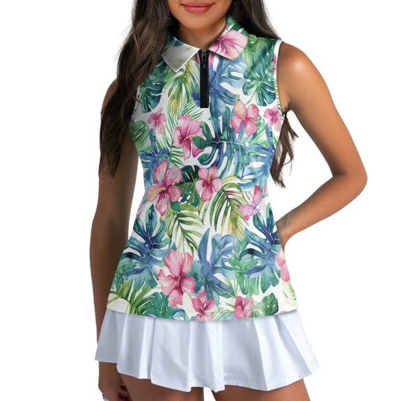Uorisanigo Palm Leaf Flower Women's Golf Sleeveless Shirt Size XS Breathable Zipper Neck Hiking Running Workout Tops Comfortable Fashion Tennis Tops