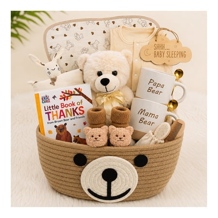 Baby Gift Basket for Newborn Baby Boy or Girl & Parents – Unisex Bear Theme New Baby Gift Set with Mama Bear & Papa Bear , Baby Essentials, Storage Basket, & Keepsakes