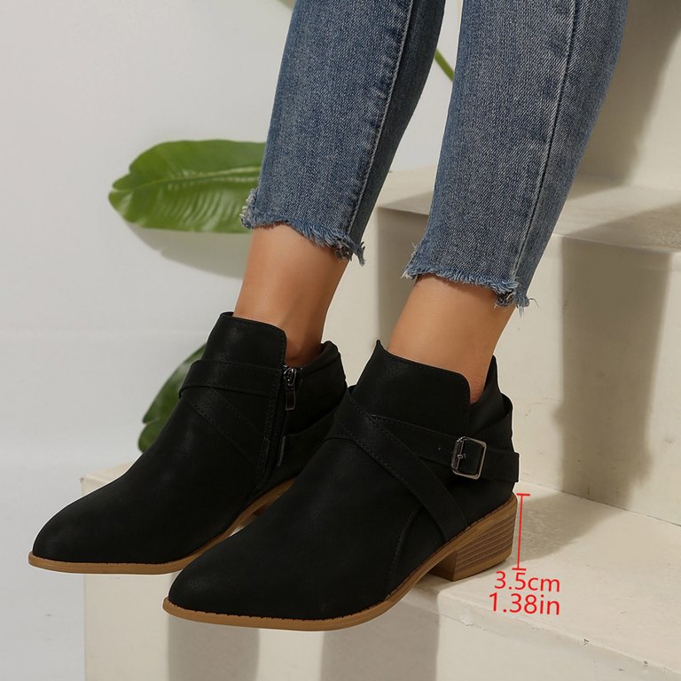 comfortable ladies dress boots low heel Bltiby Women's Ankle Boots Low Heel Fashion Western Cowboy Boot Comfortable Short Booties with Side Zipper Vintage Casual Dress Fall Boots Buckle