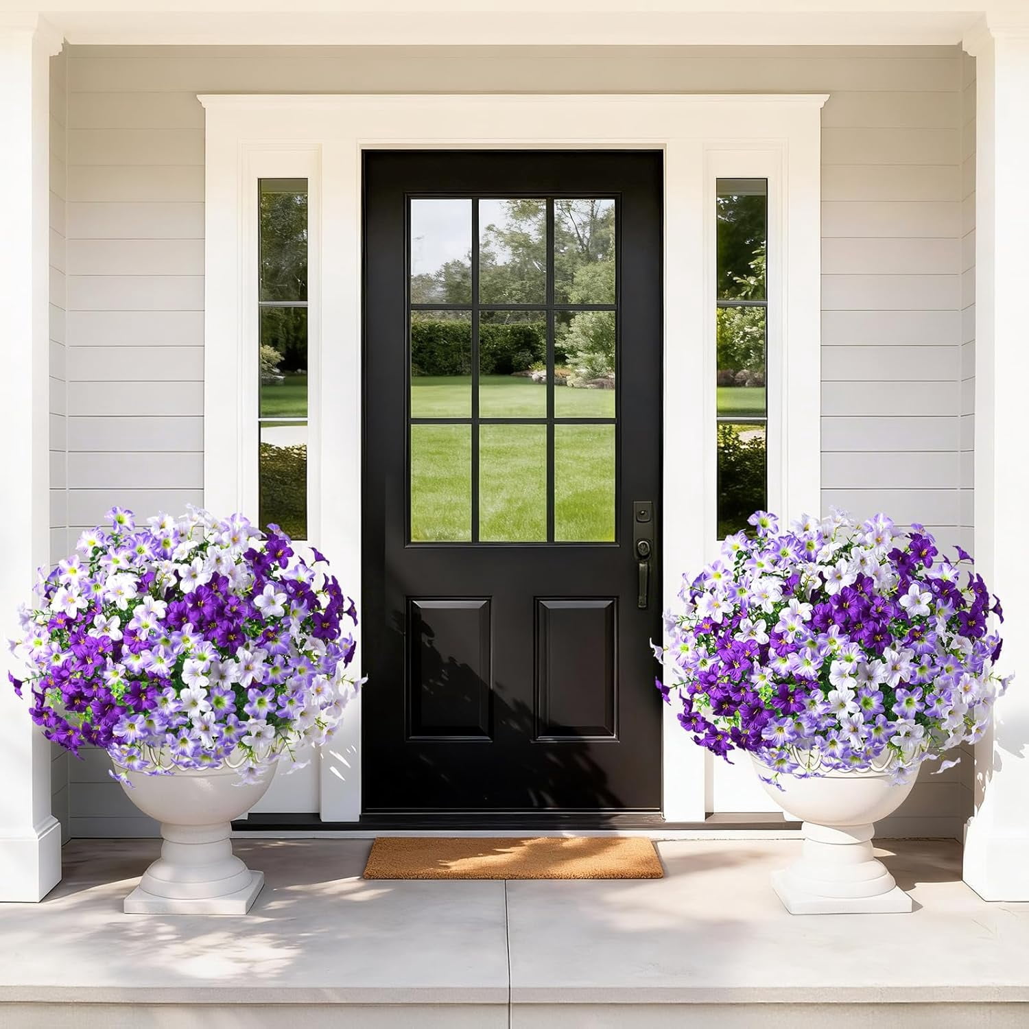 Yastouay 12 Bundles Artificial Petunias Flowers for Outdoors,UV Resistant Fake Flowers for Planters,Purple White Faux Petunias Silk Flowers for Proch Garden Yard Decor