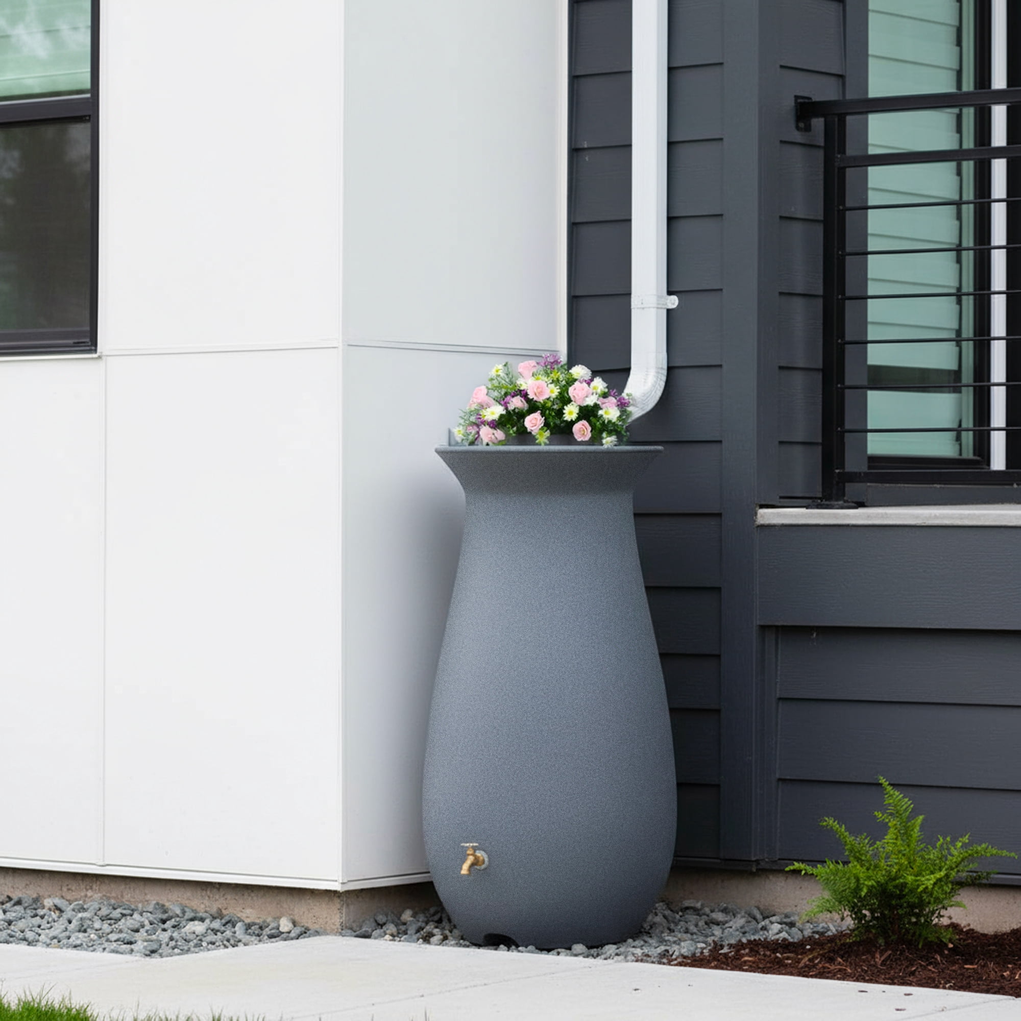 Algreen EcoCascata Rain Barrel, 65 Gallon, Charcoalstone Resin