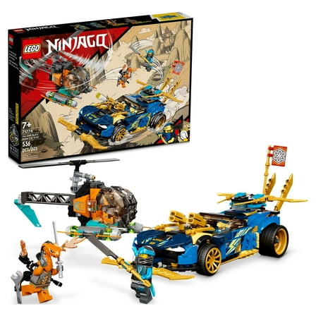 LEGO NINJAGO Jay and Nya’s Race Car EVO Set 71776 with Toy Helicopter and Boa Snake Figure for Kids Ages 7 , Collectible Mission Banner Sets