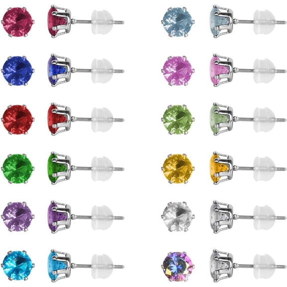 12 Pairs Stainless Steel CZ Stud Earrings for Women, Brilliant Cut Round Cubic Zirconia Stud Earrings, Birthstone Stud Earrings Set 3MM