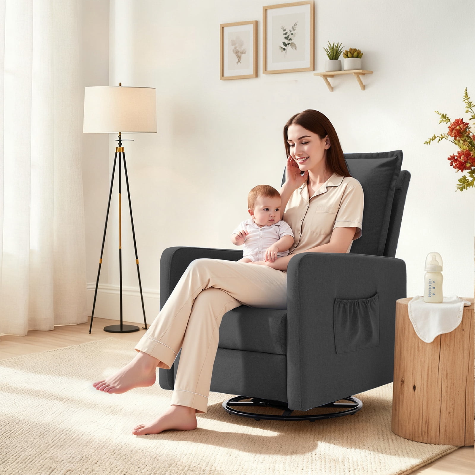 Techmilly Upholstered Glider Recliner Rocking Chair and Nursery Recliner for Nursery and Living Room, Bedroom, Linen Dark Gray