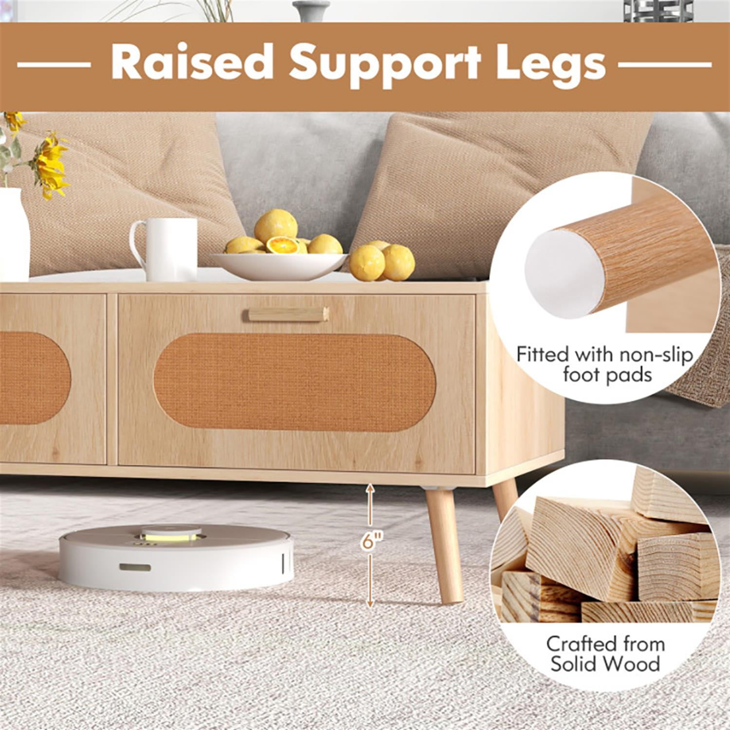 Demi Bonn Modern Rattan Coffee Table, Dining Center Tables with 2 Storage Drawers for Living Room, Bedroom, Office and Balcony, Beige