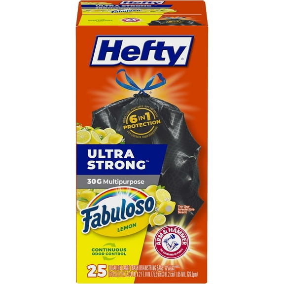 Hefty Ultra Strong 30 Gallon Trash Bags, Large Trash Bags 30 Gallon Size, Resists Leaks, Punctures, and Tears, Black, Fabuloso Lemon Scent, 25 Bags ( Pack of 2 )