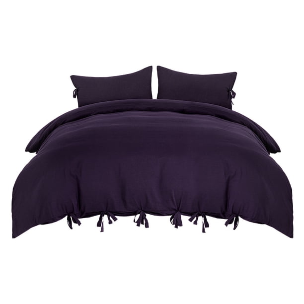 Duvet Cover Set 3 Piece Solid Color Bedding Set, 110gsm Polyester Microfiber Quilt Cover with Bow Tie Closure,Include 2 Pillowcases(No Duvet) Queen Dark Purple Unique Bargains Juego de Edredón Funda