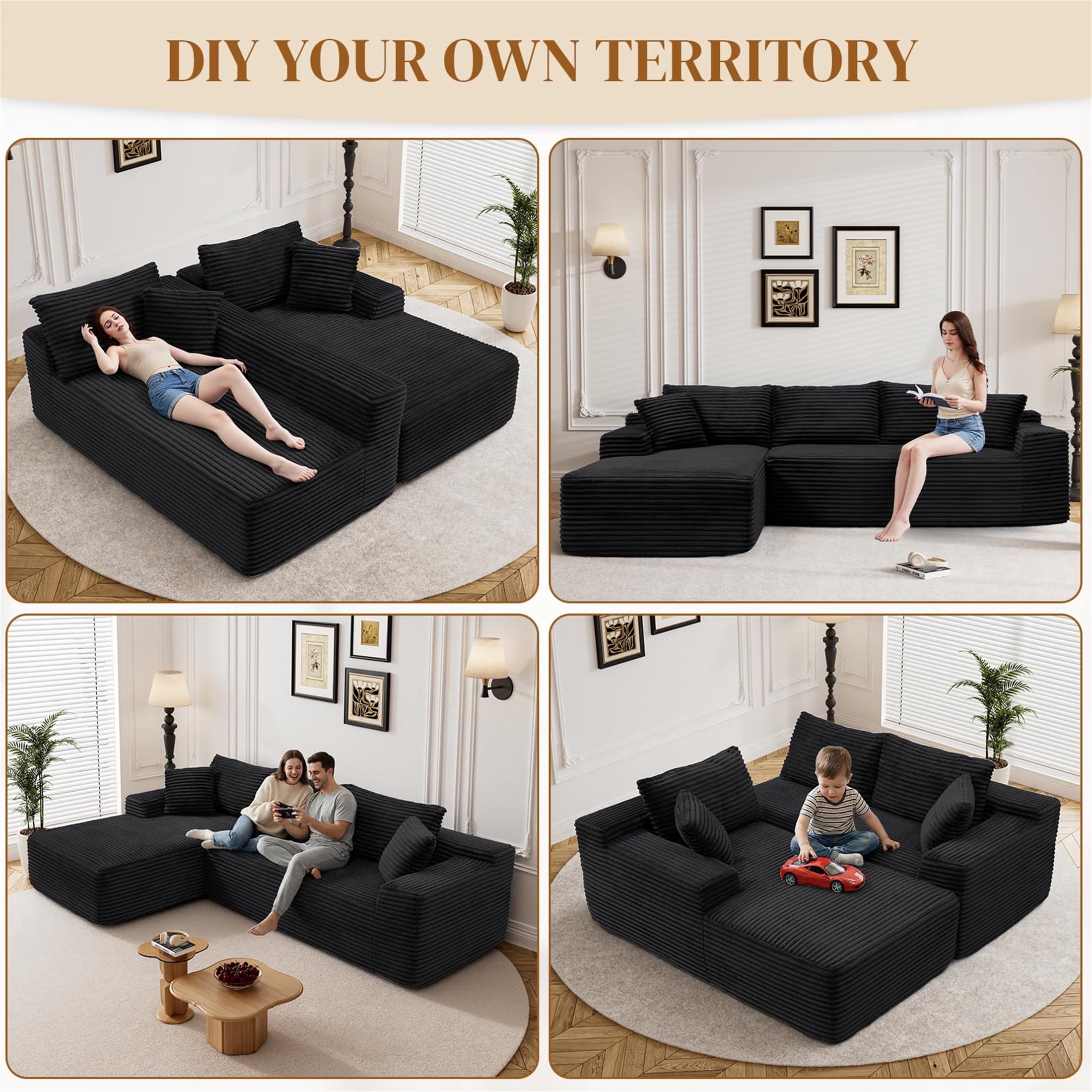 Aukfa 95" Cloud Sectional Sofa Deep Seat Boneless Couch Modular L-Shaped Couch, Left Chaise Corduroy Sofa for Living Room, Black