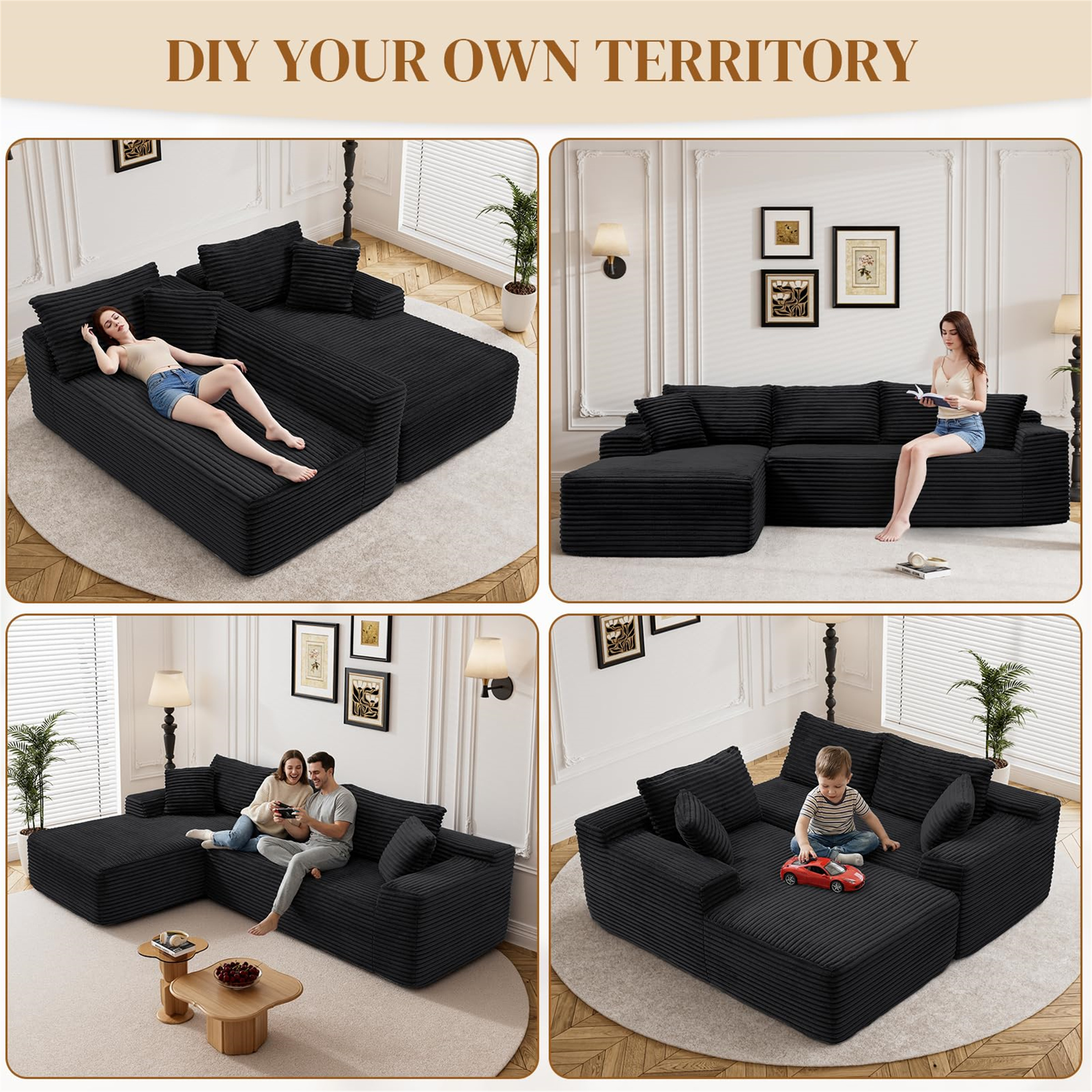 Aukfa 96" Cloud Sectional Sofa, Left Chaise, Black photo 5