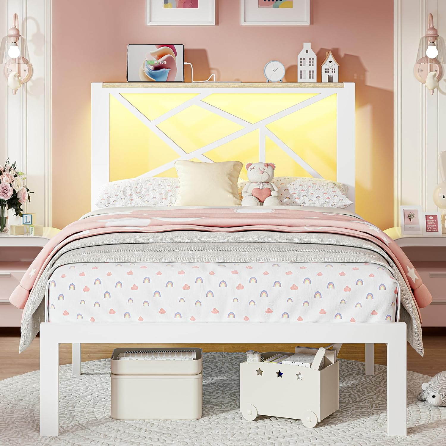 ChicZhiNest Twin Size Bed Frame with Wooden Storage Headboard & LED Lighting, USB Charging Station, Stable Metal Bed Frame, Noise Free Design, White