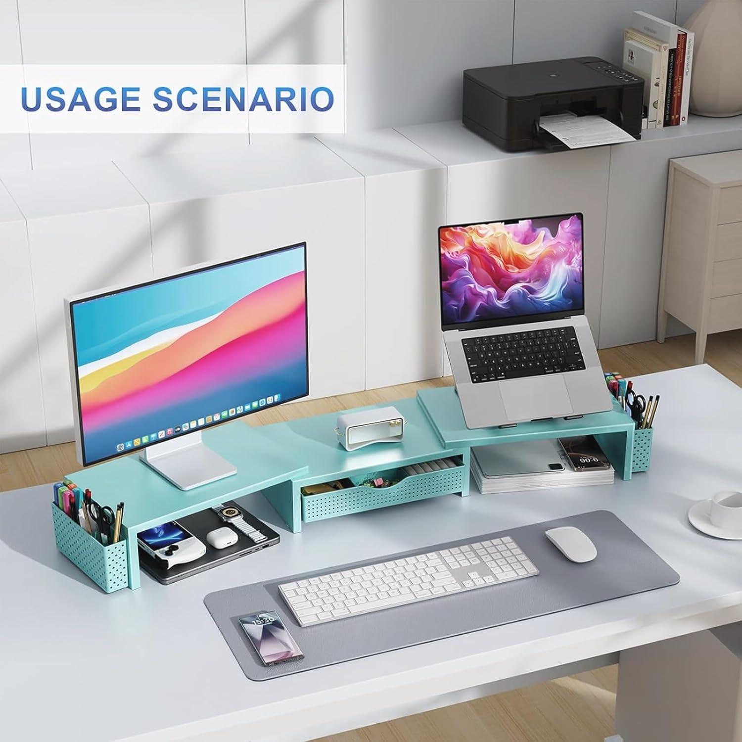 Dual Monitor Stand Riser with Drawer and Pen Holders, Wooden Desk Shelf Organizer for Computer Monitor