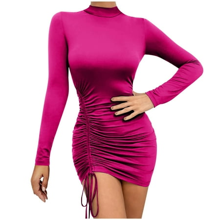 Ersazi Long Summer Dresses for Women 2024 on Clearance Women s Solid Color Fashion Drawstring Sexy Dress Waist Fit Gift Dress Long Sleeve Wrap Hip Dress Long Sleeve Round Neck Dress Hot Pink L