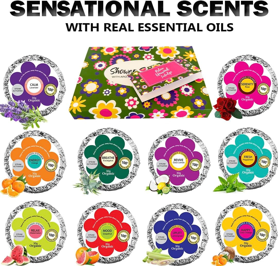 Shower Steamers for Women - 24pc Shower Bombs Aromatherapy Gift Set w/Organic Essential Oils. Shower Melts, Selfcare Gifts for Women