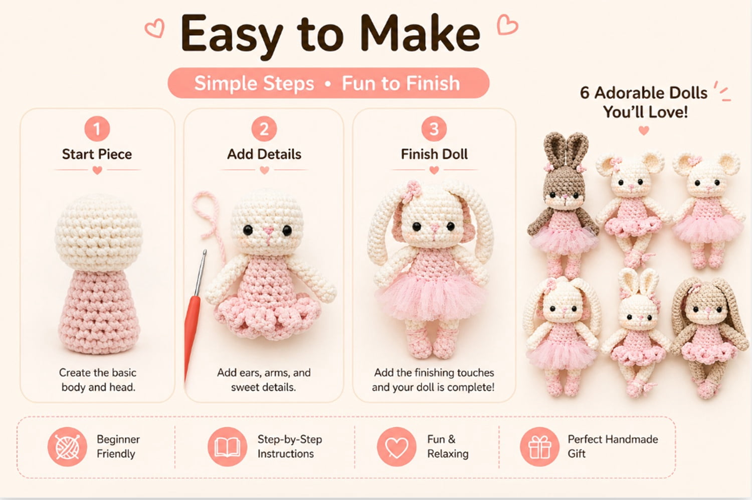 6 Pack Bunny and Bear Crochet Kit for Beginners, Animal Amigurumi Starter Set with Step by Step Video Tutorials, TIKA
