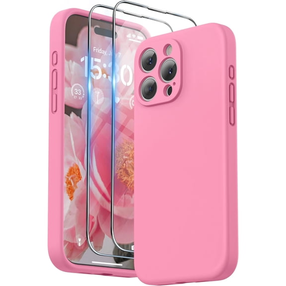 Designed for iPhone 15 Pro Max Case with Screen Protector and Lanyard, Phone Strap and Liquid Silicone Phone Case (Camera Protective Soft Microfiber Lining) 6.7 inch 2023 (Pink)