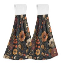 Yayeee Kitchen Hanging Hand Towels Set of 2 with Loop Bathroom Absorbent Tie Towel, Dark Floral Pattern