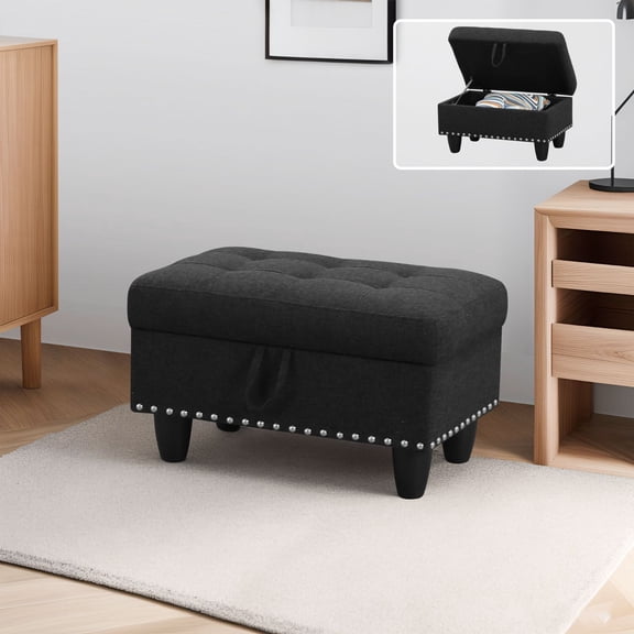 Black Grey Linen Storage Ottoman with Nailhead Trim