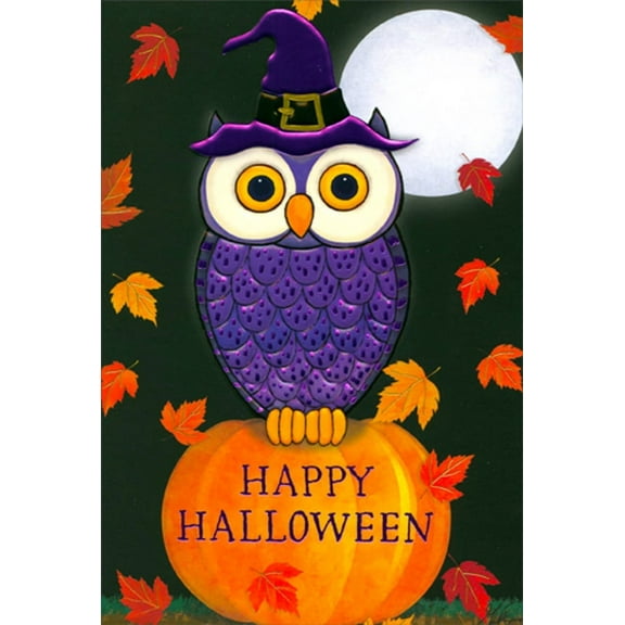 Pictura Purple Owl on Pumpkin, Full Moon and Falling Leaves Halloween Card