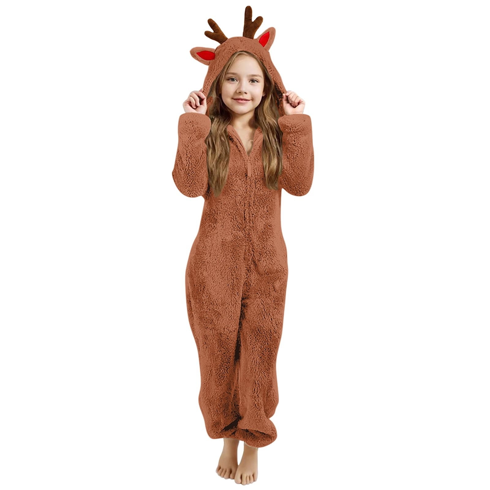 Ruyang Christmas Deer Ears Fleece Jumpsuit for Girls Winter Warm Fuzzy Hooded Onesie Zip Thermal Furry Bodysuit