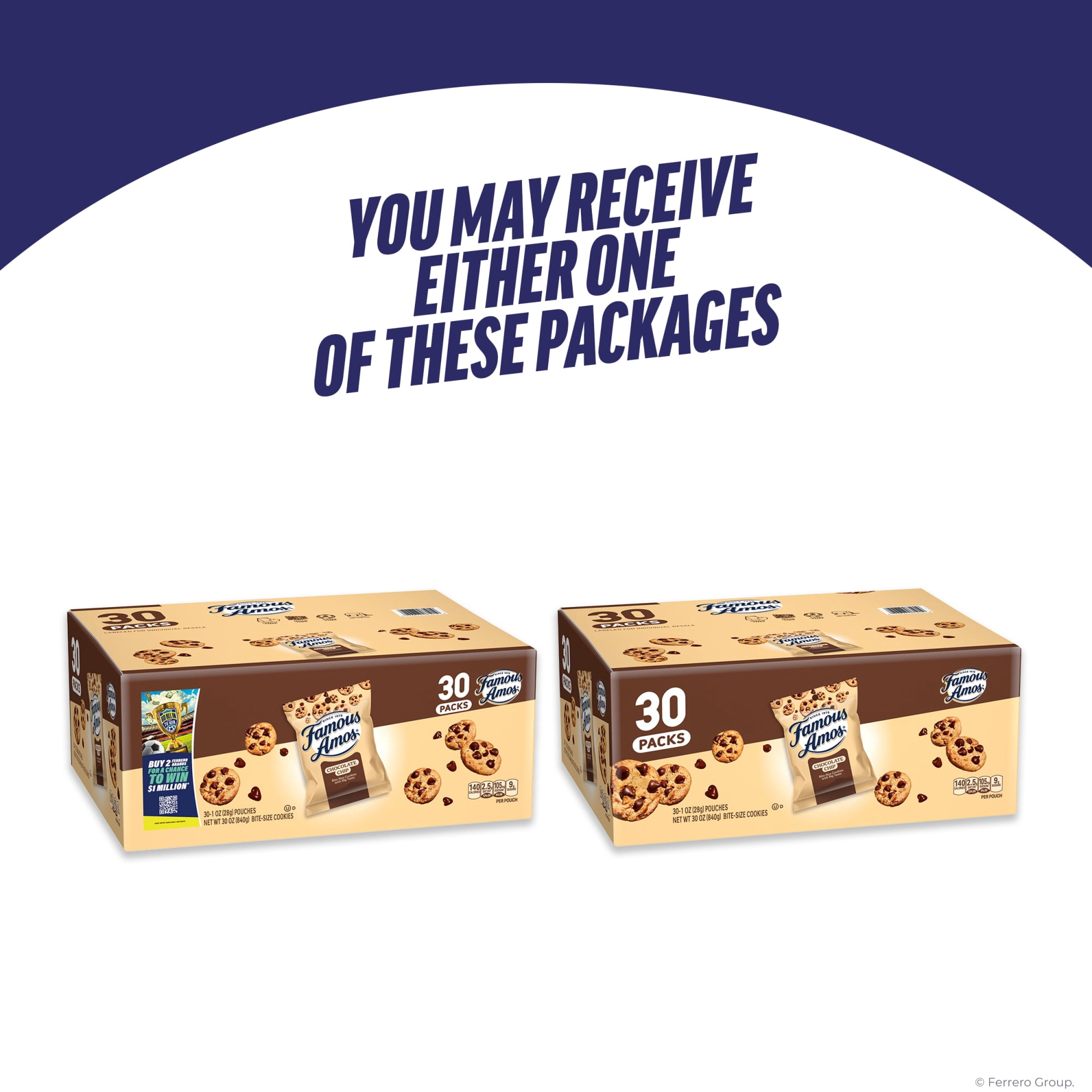 (3 pack) Famous Amos Classic Chocolate Chip Cookies, Bite-size cookies, Sweet Treats, 30 Pack Box, 1 oz Bag