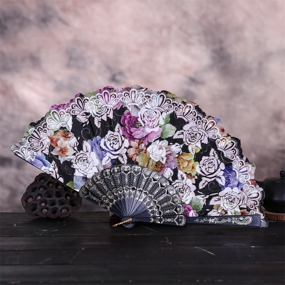 Black Chinese Style Foldable Hand Fan for Women - Lace Silk Folding Flower Fan, Perfect for Dance, Wedding, Party, Handheld Use & Elegant Room Home Decoration