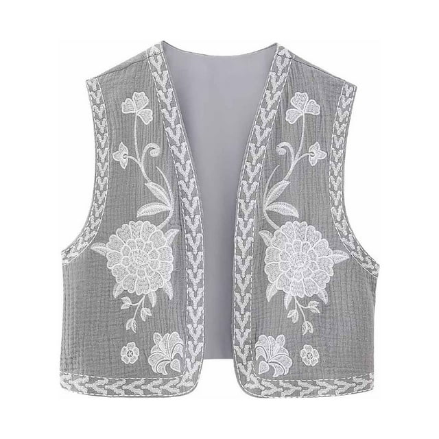 CEHVOM Women Vintage Embroidered Vest Tops Linen Cropped Sleeveless Floral Cardigans Fashion Vests Clearance