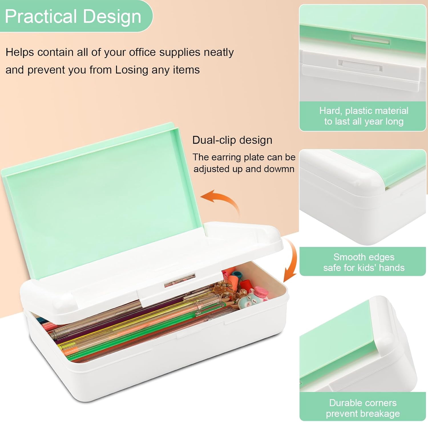 Pencil Box for Office Supplies Storage Organizer, Double Layer Large Capacity Pencil Boxes, Plastic Crayon Box with Snap-tight Lid,Stackable Storage Case for Gel Pen Pencils Case-Pale Green