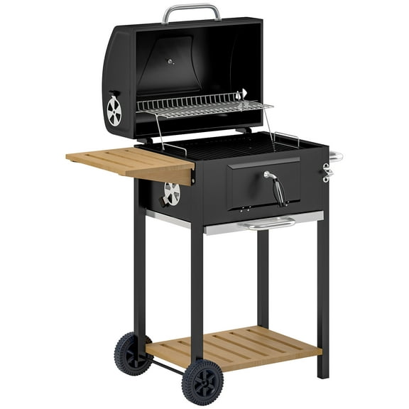 Portable Charcoal BBQ Grill for Camping & Backyard Picnic - Side Table, Bottom Storage Shelf, Wheels & Handle (Black)