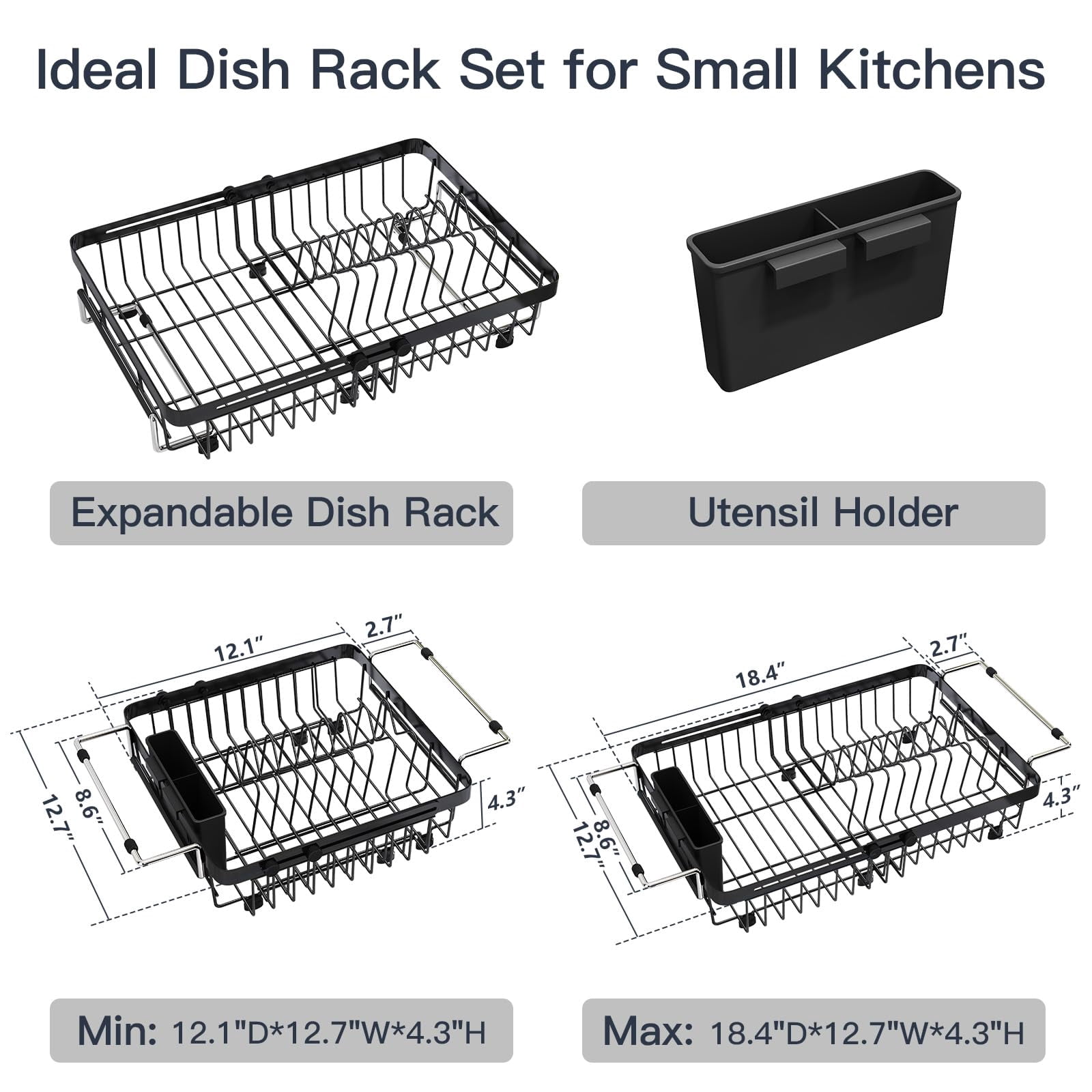 Expandable Stainless Steel Over The Sink Dish Drying Rack For Small Kitchen Counter Space Saving  Compact Rv Plate Drainer Strainer In Black Wire Metal With Hanging Adjustable Utensil Holder