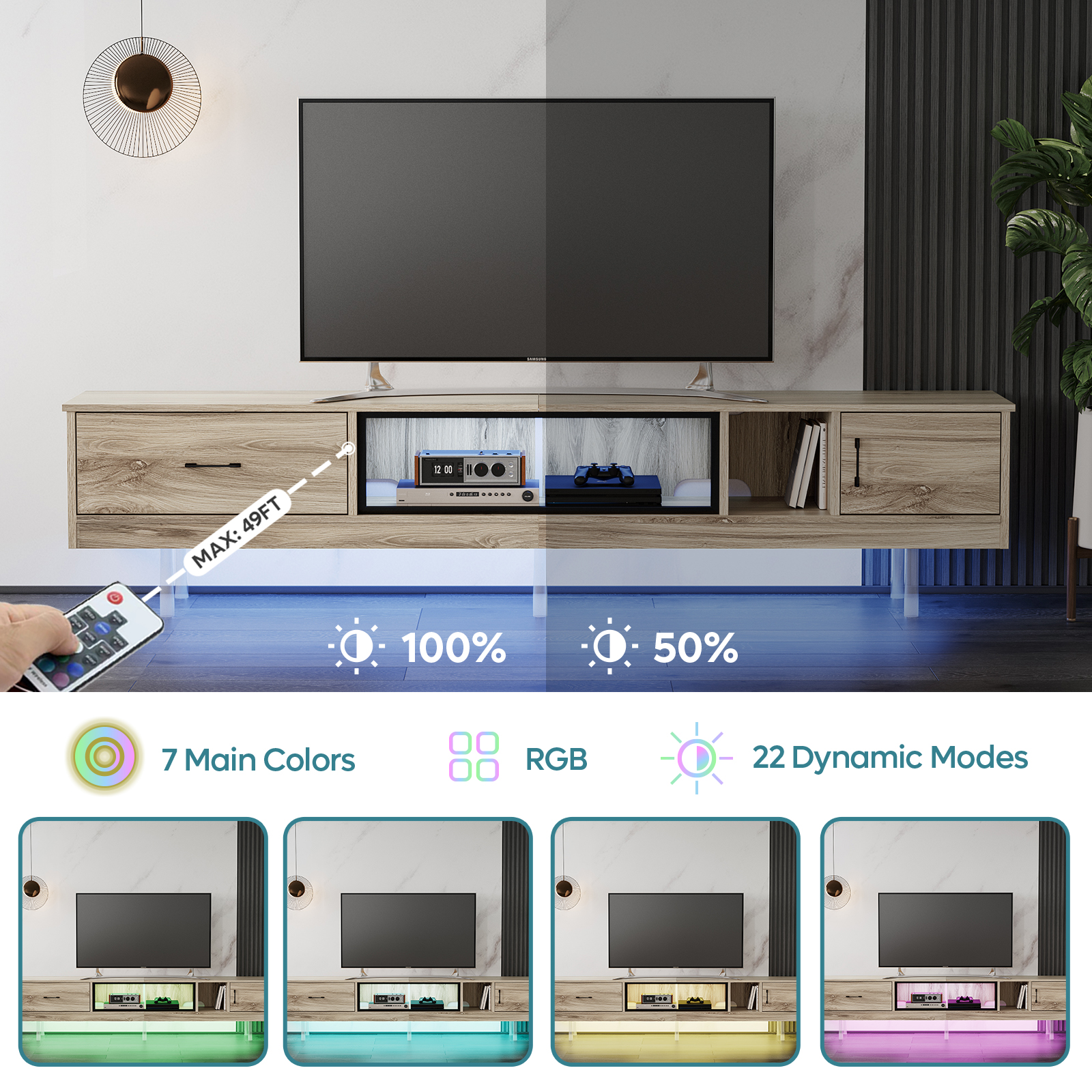 Bestier Floating TV Stand for TVs up to 90" LED Entertainment Center for Living Room, Pinewood