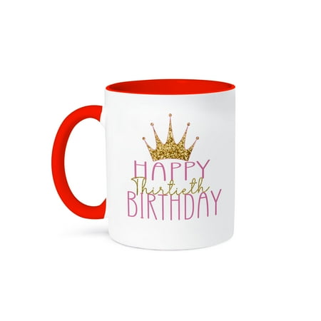 

3dRose Pink and Image Of Gold Crown Happy Thirtieth Birthday 11oz Two-Tone Red Mug