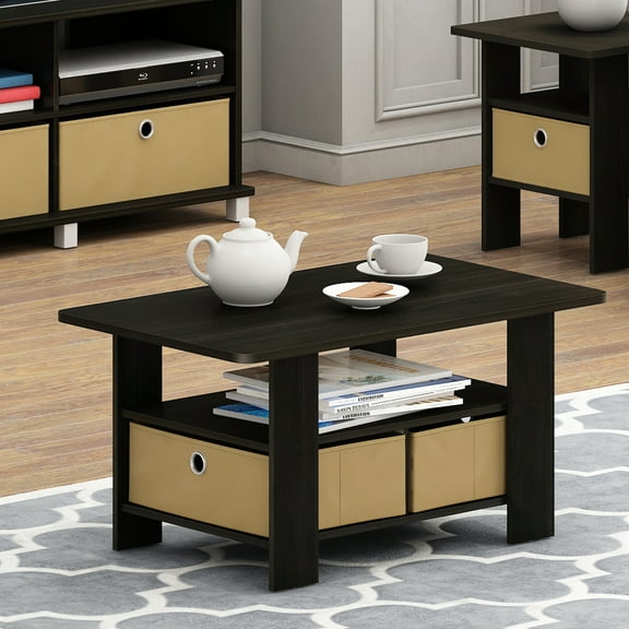 Furinno Andrey Coffee Table with Bin Drawer, Black/Beige