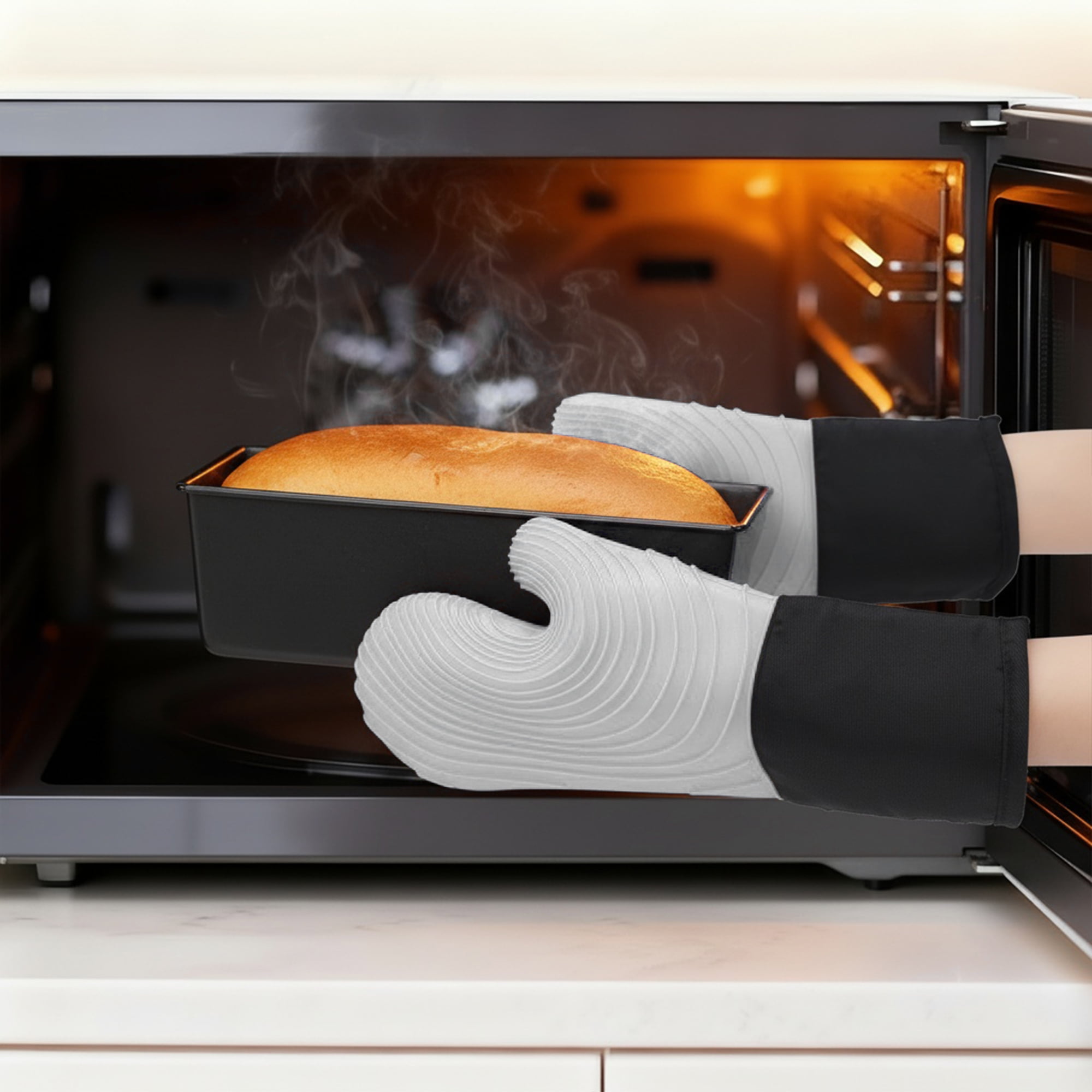 REGALWOVEN Soft Silicone and Cotton Oven Mitts, Heat-Resistant Cooking Gloves, Gripping for Baking, Kitchen Mitts Set of 2 Gray 13.4x7.1inch