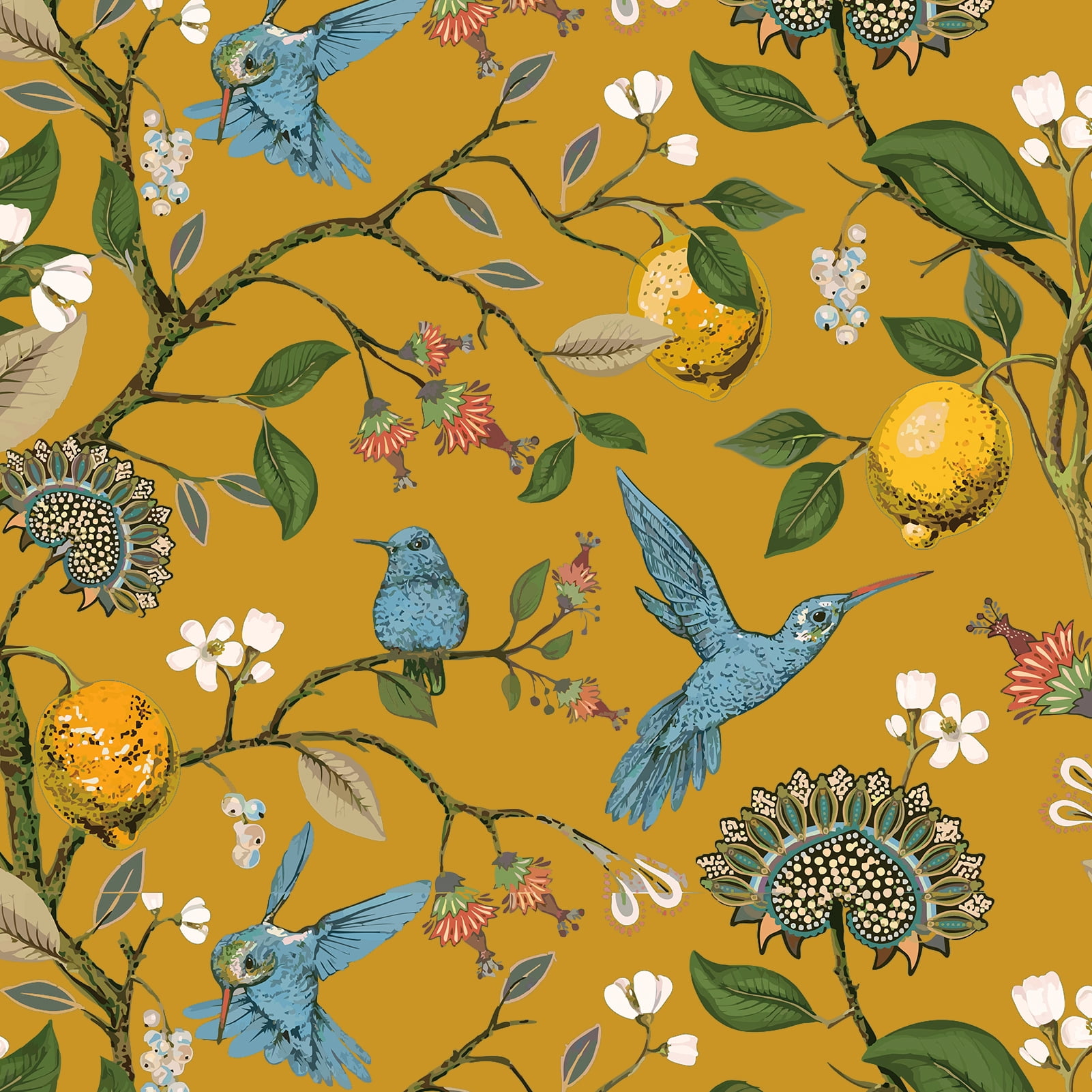 Topfinel Fancy Hummingbird Patterned Curtain,Mustard Yellow Curtains for Living Room, Thermal Insulated Blackout Curtains for Bedroom, Floral Vintage Lemon Curtains 96 inch Length 2 Panels Set