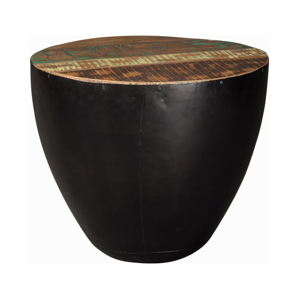 Side Table with Drum Base Natural Reclaimed Wood and Black Iron