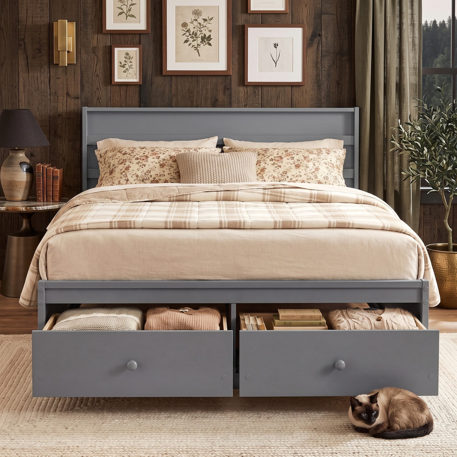 Furnibear Full Size Bed Frame with Storage, Wooden Platform Bed with Plank Headboard and 2 Storage Drawers, Gray