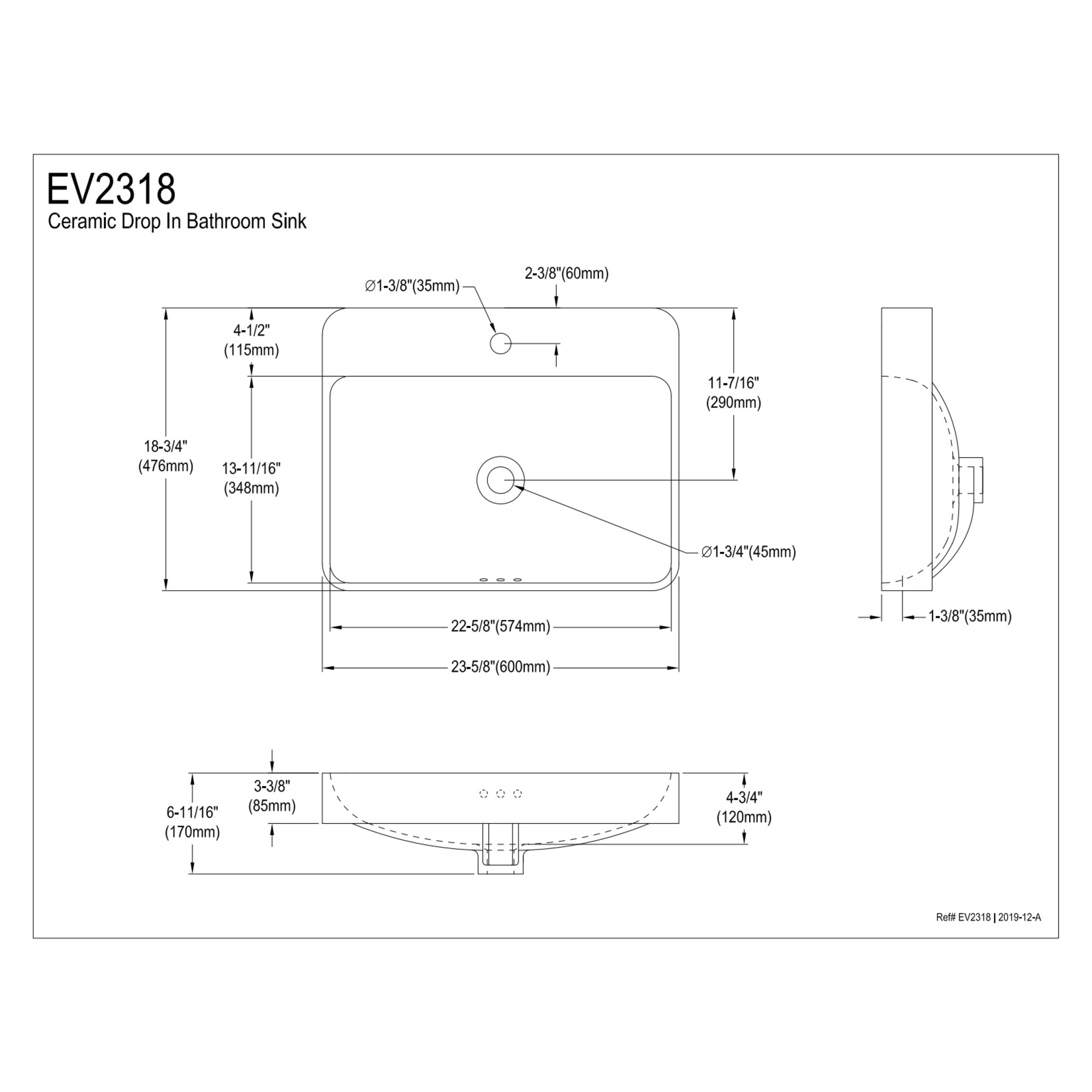 Kingston Brass EV2318 Century 23-Inch Rectangular Ceramic Drop-In Bathroom Sink (Single Hole) in White