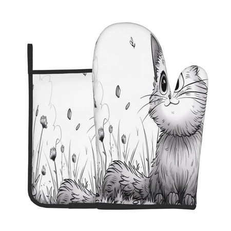 

Jgfou Cute Cat Meadow Sketch Pattern Oven Mitts and Pot Holders Sets Heat Resistant Oven Mittens Soft Lining Extra Thicken Long Kitchen Cotton Oven Glove for Cooking