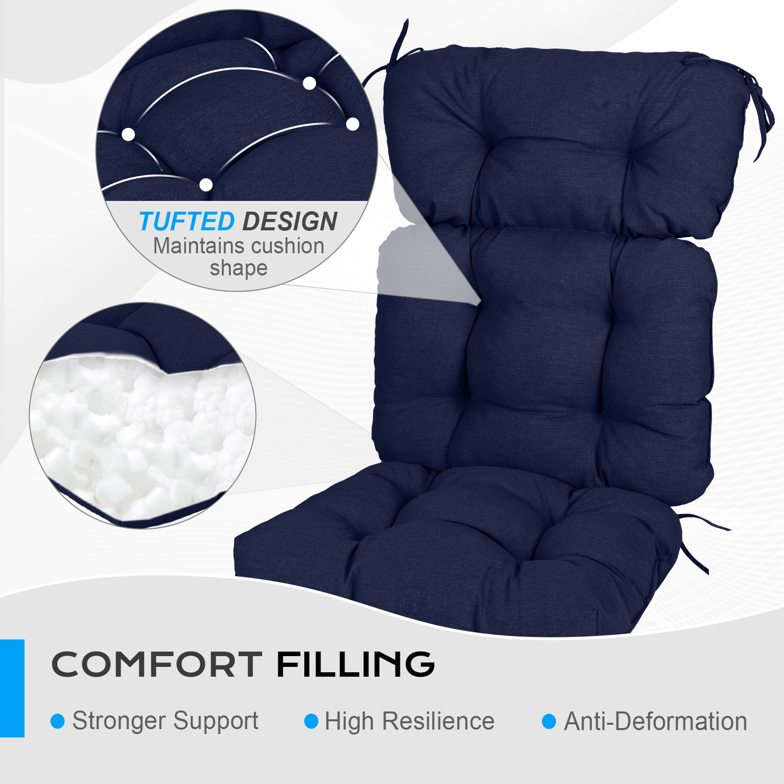 Aoodor Outdoor 45"x 22" x5" Tufted High Back Cushions Patio Replacement Chair Cushion with Ties, Water and Fade Resistant for All Weather (Dark Blue, Set of 2）