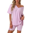 thumbnail image 1 of Pijamas para mujeres INSPIRE CHIC de 2 piezas, camiseta de cuello en V oversized, traje reversible de entrenamiento, camisetas, pantalones cortos de ciclista, conjunto de lounge S en rosa brillante, 1 of 5