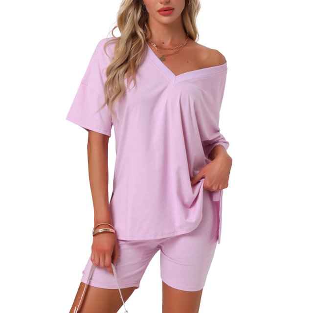 Pijamas para mujeres INSPIRE CHIC de 2 piezas, camiseta de cuello en V oversized, traje reversible de entrenamiento, camisetas, pantalones cortos de ciclista, conjunto de lounge S en rosa brillante