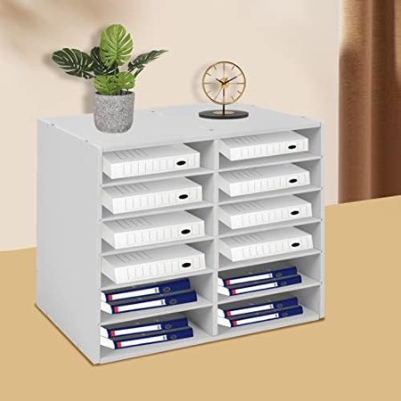 Desktop Literature Organizer with 12 Compartments, Adjustable File Sorter Mail Center Magazine Holder Paper Storage Cabinet Classroom Keepers for Office, 19.3 * 12 * 16inch (White)