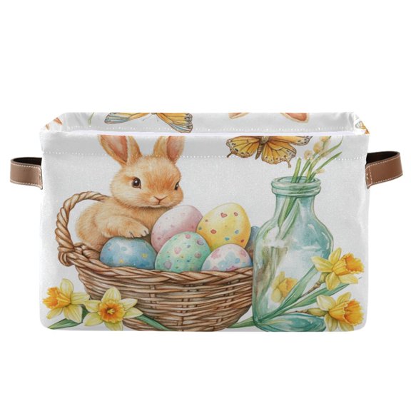 Easter Bunny and Glass Bottle Foldable Storage Basket,Canvas Fabric Foldable Storage Bins with Handles Open Home Storage Bins Boxes for Toy Book Shelf Closet Baskets