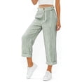 thumbnail image 3 of Yijfswar Womens Linen Cropped Pants Summer Wide Leg Striped Capri Casual Elastic Waist Drawstring Trousers with Pockets for Beach Vacation, Size XXL, 3 of 5