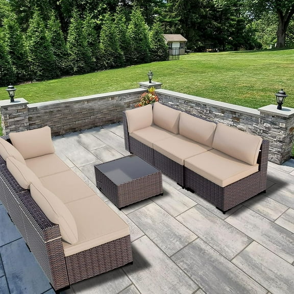 ASJMR 7 Pieces Outdoor Patio Furniture Set Outside PE Rattan Wicker Sectional Sofa Conversation Sets with Coffee Table and Brown Cushions