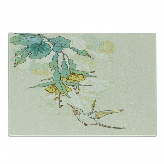 Hummingbird Cutting Board, Hummingbird and Tropical Flowers Summertime Exotic Plant Nature Art, Decorative Tempered Glass Cutting and Serving Board, Small Size, Teal Yellow, by Ambesonne