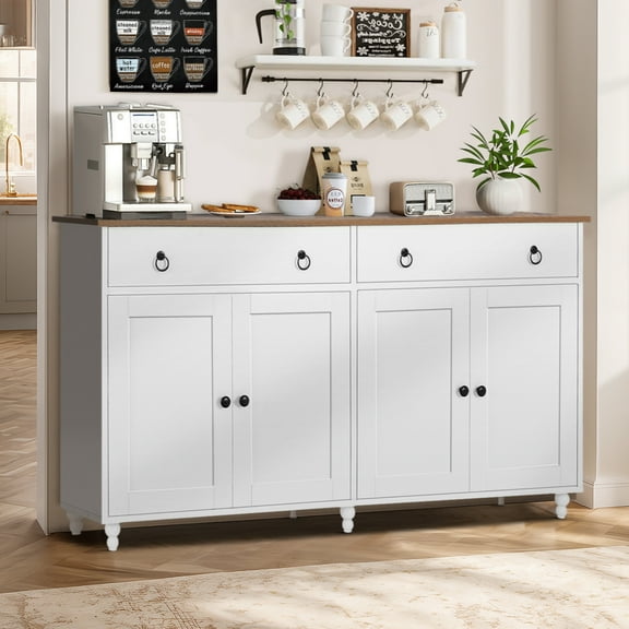 Catrimown 55'' Sideboard Buffet Cabinet, Mid-Century Coffee Bar Cabinet with Storage, Credenza and sideboard Storage Cabinet, White